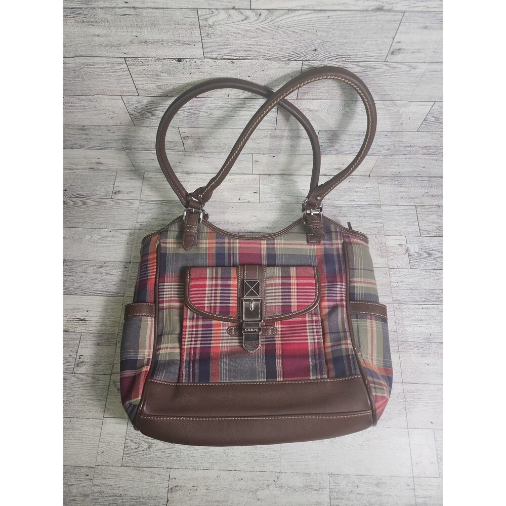 Chaps Multicolor Plaid Shoulder Bag Brown Faux Leather Trim Y2k Purse